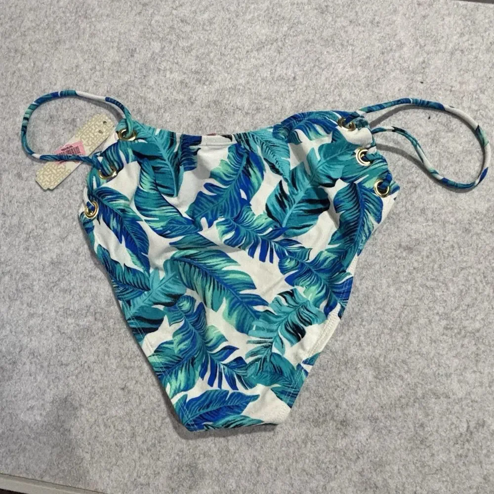 GIANNI BINI Size M Swim Bottoms Tropical Leaf Print Grommets Lace Up Sides